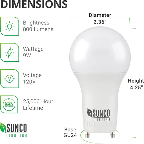 Sunco Lighting 2 Pack GU24 LED Bulbs 2 Prong A19, CRI91 5000K Daylight, 9W Equivalent 60W, CFL Replacement 800 Lumens, Super Bright Dimmable, Twist & Lock GU24 Pin Base with Two Prongs, Instant On UL by Sunco Lighting