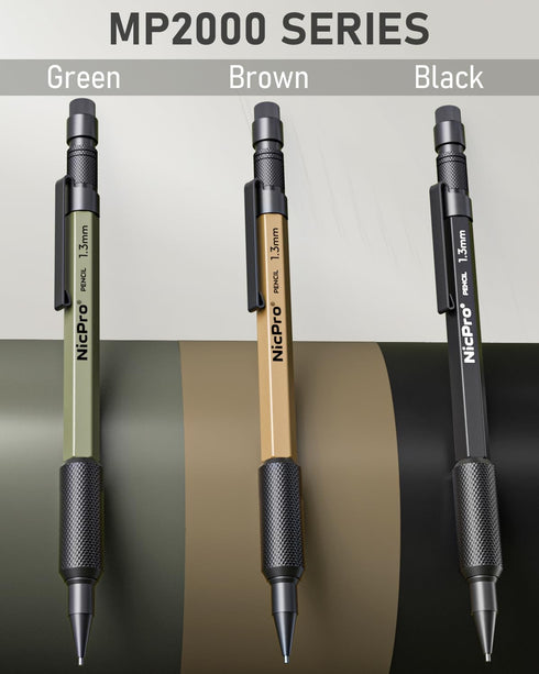 Nicpro 3 PCS 1.3 mm Mechanical Pencil Set, 3 Colors with 36 Lead Refill, Heavy Duty Carpenter Pencil
