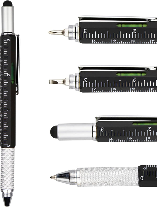 DUNBONG 6-in-1 Metal Multi Tool Pen - Stylus, Screwdriver, Ballpoint Pen, Level, Ruler, 1-Count (Black)