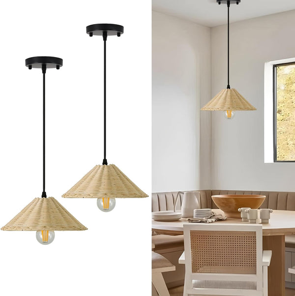 TERLEENART Hard Wired Rattan Pendant Lights Set of 2,Farmhouse Coastal Woven Wicker