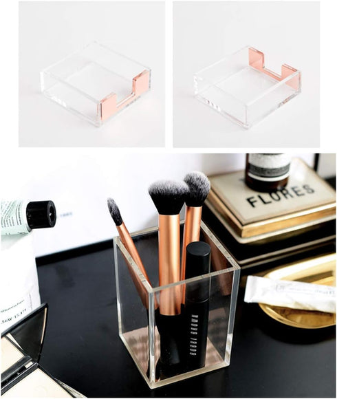 Set Rose Gold Memo Pad Holder Pencil Cup Self-Stick Notes Cube Tray Desktop Accessories Dispenser for Office Home