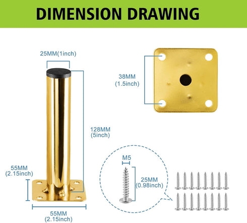 Masendelk 5 Inch 130mm, 4pcs Gold Furniture Legs / Modern Sofa Legs Cabinet Replacement Legs, Heavy Duty Metal Legs