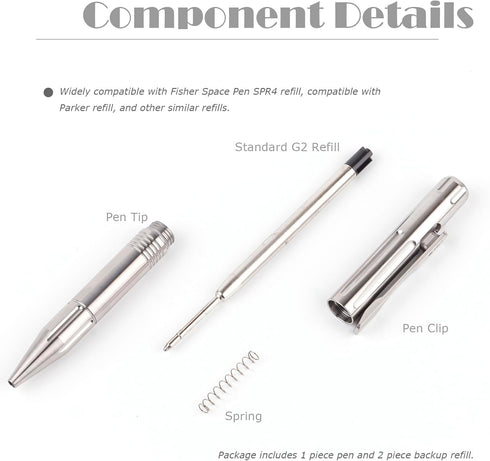 Titanium Bolt Action Ballpoint Pen, Compact Refillable Writing Pen with Pocket Clip
