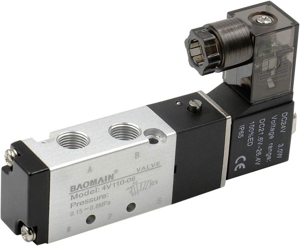 Baomain Pneumatic Solenoid Air Valve 4V110-06 DC24V, 5 Way 2 Position PT1/8" Internally Piloted Acting Type
