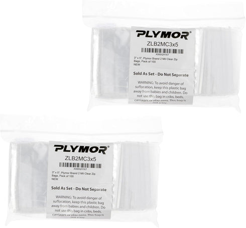 Plymor 3" x 5" Zipper Reclosable Plastic Bags, 2 Mil, Pack of 200