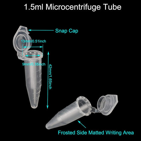 1.5ml Microcentrifuge Tubes with Snap Cap, Polypropylene Graduated, 500 Pcs Sterilized Clear Plastic Small Vials with Caps for Sample Storage without Leakage