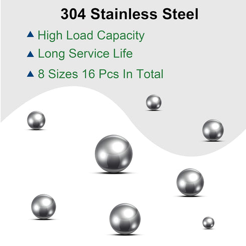 16pcs 8 304 3/8" 7/16" 1/2" 9/16" 5/8" 3/4" 7/8" 1" uxcell Size Bearing Balls Assortment Stainless Steel with Storage