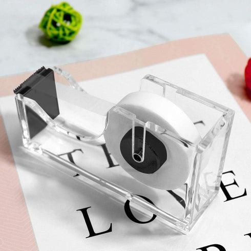 Multibey Clear Black Acrylic Tape Dispenser, Heavy Duty 1-Inch Core Nonslip Desktop Adhesive Tape Cutter with 1 Roll