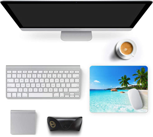 Auhoahsil Square Beach Style Mouse Pad, Anti-Slip Rubber, Stitched Edges, Cute Coconut Trees Design