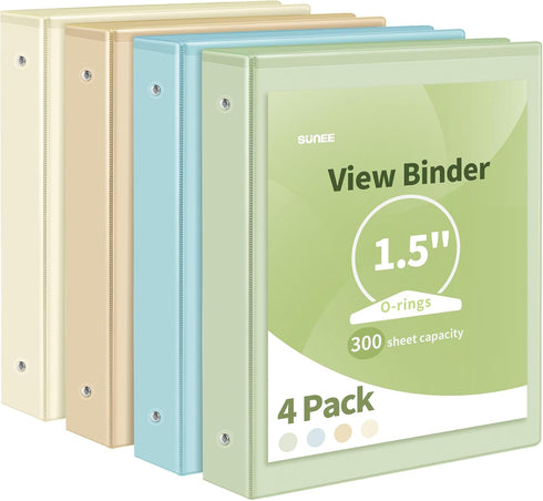 SUNEE 3 Ring Binder 1.5 Inch Clear 1 1/2 Inch View Binder 4 Pack PVC-Free for School or Office Supplies, Neutral
