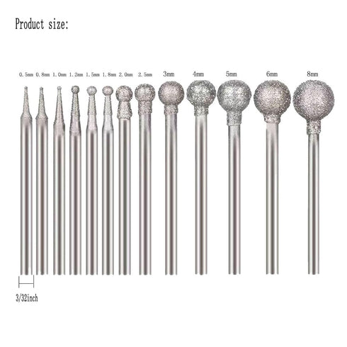 ?????? ???? 13 Pcs Ball Shape Diamond Burr - 3/32'' Shank Diamond Mounted Round Ball Burs Stone Carving Bits for Rotary Tools includes Dremel