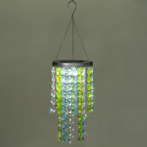 LEWIS&WAYNE 21 Hanging Solar Crystal Chandelier Outdoor, Modern Solar Multicolor Acrylic Beaded Lantern with Cool White