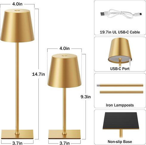 2 Pack 5000mAh Dimming, Gold Cordless Rechargeable Table Lamp, Portable Desk Lamp with Battery, Touch Control Stepless