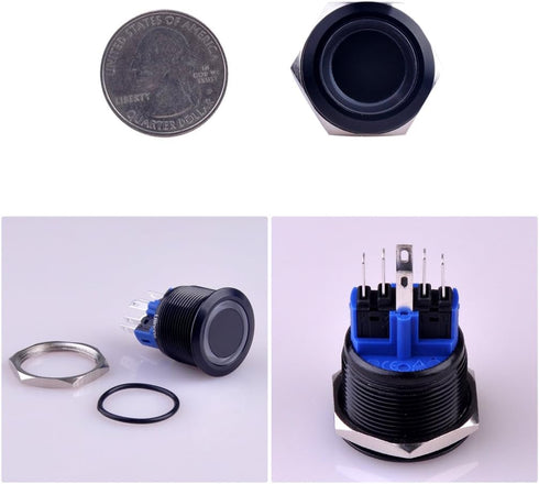 Momentary Push Button Switch U22A1, 1NO1NC Black Metal Shell with 12V Blue LED Ring