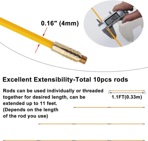 11' Fiberglass Running Electrical Wire Cable Pulling Fish Tape Kit with 5 Attachments in Carrying Case