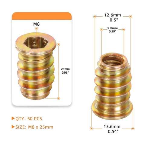 M8-1.25 x 25mm Threaded Insert for Wood Furniture Screw in Nut Threaded Wood Inserts Bolt Fastener Connector, Zinc Plated Carbon Steel, 50 PCS (with Hex Spanner)