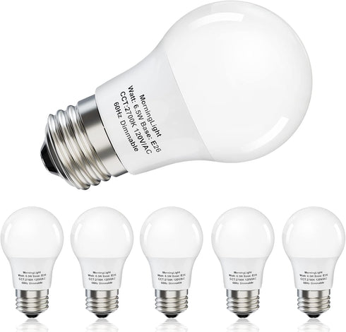 A15 LED Light Bulb, 6 Pack Dimmable 6.5W Equivalent 60 Watt, 2700K Warm White, 600LM for Pendant, Hallway Fixtures, 120V