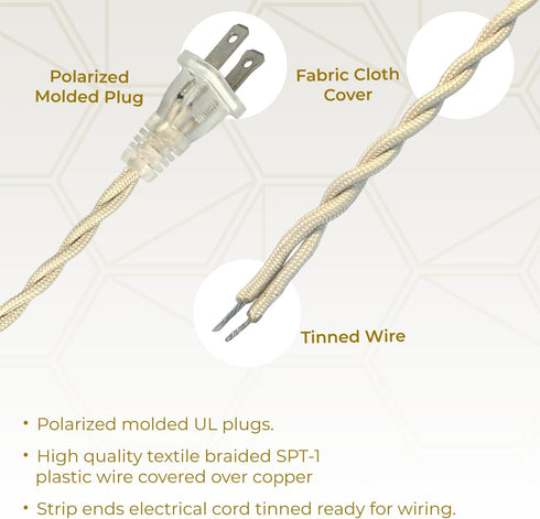 Royal Designs, Inc. CO-6001-OW-8-2 NEMA-15P SPT-1 8 2-Pack Twisted Rayon Lamp Cord with Plug, Stripped Ends Ready