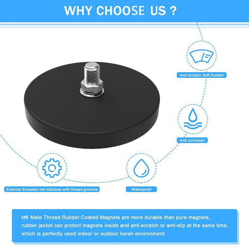 65lbs M8 Rubber Coated Super Strong Rare Earth Magnets,Anti-Scratch Strong Mounting Magnets,Magnet Base with Male