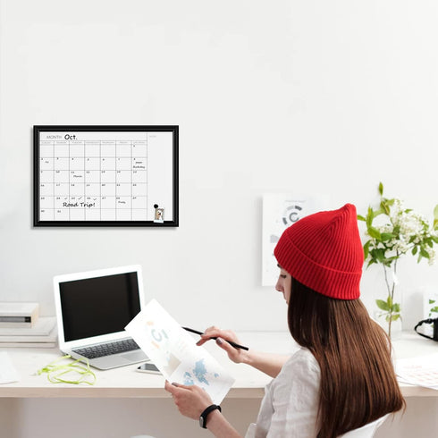 Dry Erase White Board & Monthly Calendar Board, Magnetic Whiteboard for Wall, Office/School/Home, Black Wood Frame