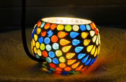 Indibliss Rajasthani Handcrafted Traditional Decorative Mosaic Glass Table Lamp with LED Lights - Multicolour
