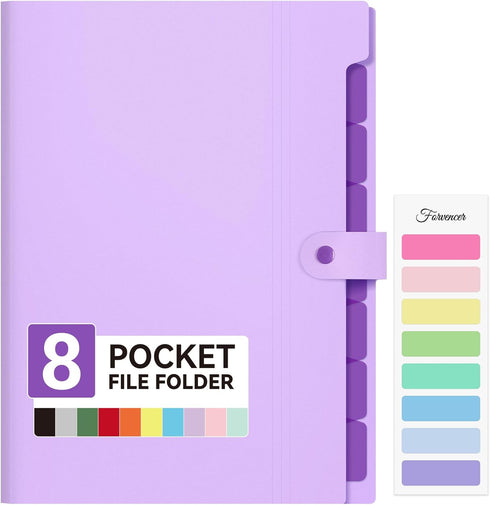 Forvencer Purple Expanding File Folder, 8 Pocket Letter Size Accordion File Organizer for School Office Supplies