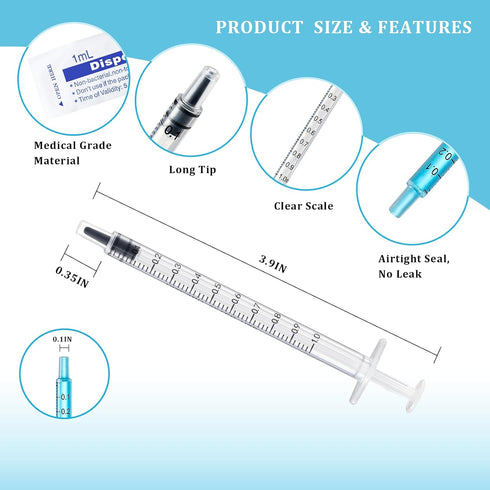 30 Pack 1ml Plastic Syringe with Cap, Sterile, Individually Sealed for Scientific Labs, Watering, Feeding Pets