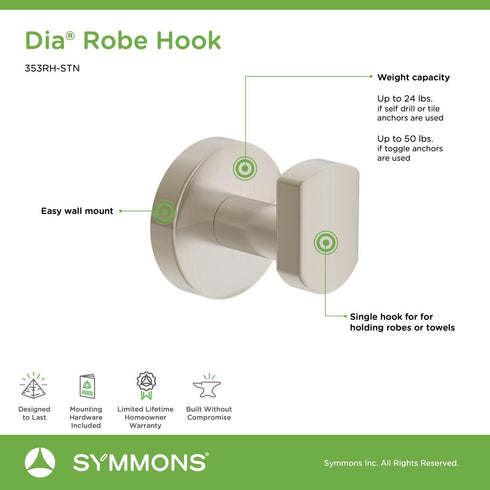 Symmons 353RH-STN Wall-Mounted Robe Hook in Satin Nickel