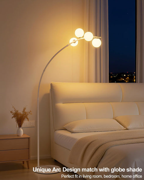 4 Office(Bulbs Lightdot White Arc Floor Lamp for Living Room, Globe Floor Lamp with Shatterproof Shade& Mable Base, Mid