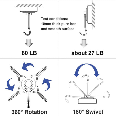 E BAVITE Swivel Swing Magnetic Hook, 60LB Refrigerator Hooks (10 Pack)