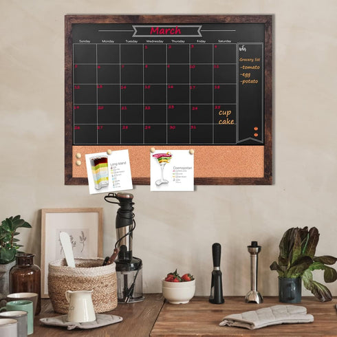 Chalkboard Calendar and Bulletin Combo Board, 18" x 22", Brown Wooden Frame, Magnetic, Perfect for Office, Home School,