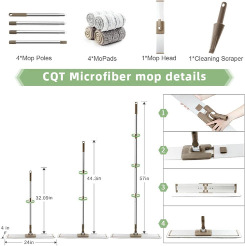Commercial 24" Inch 4 (PT14 CQT Flat Microfiber Floor Mop Cleaning System Wet Dry and Dust Hardwood with Washable Pads