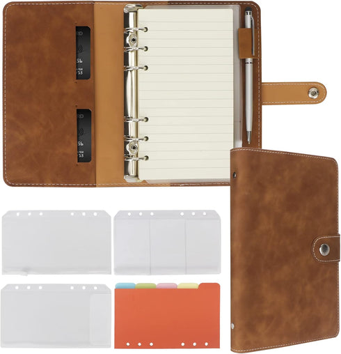 FYY Leather A6 Binder - 6 Ring Binder Notebook, Refillable Notebook A6 Planner Binder with Binder Pockets, A6 Dividers,