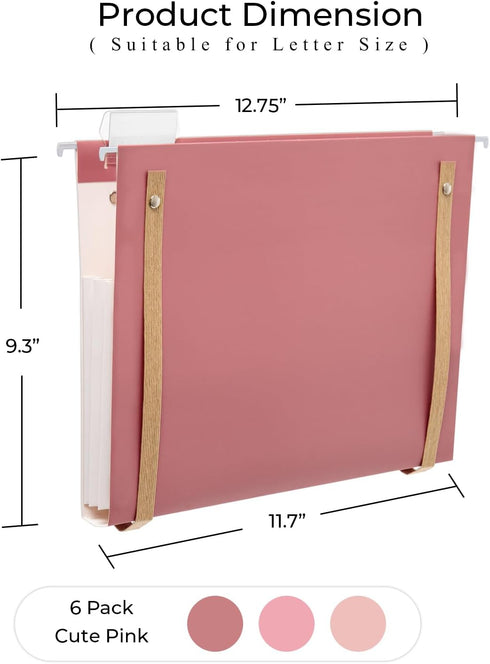 Y YOMA 6 Pack Extra Capacity Hanging File Folders with Handle, Cute Pink Accordion Decorative Folder with 1/5-Cut