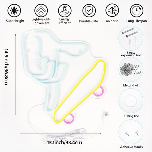 Dimmable Finger Skateboards Neon Sign for Wall Decor, Skateboard LED Fingerboard Neon Light for Kids, Teens, Adults