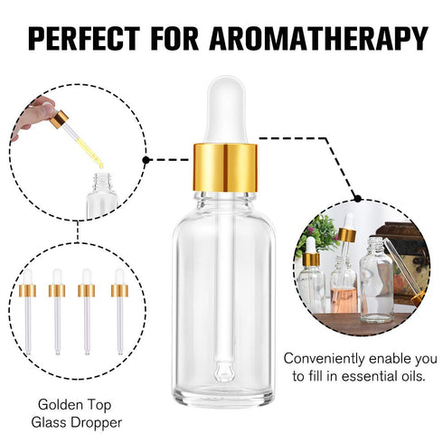 PrettyCare Eye Dropper Bottles, 2 oz, 4 Pack, Glass Bottles with Golden Caps, Labels, Funnel & Measured Pipettes