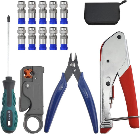 XINGYHENG 14Pcs Coaxial Cable Compression Crimping Tool Kit, RG59 RG6 Coax Crimper, Cable Stripper