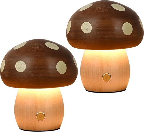 LONRISWAY 2Pack Wood Small Mushroom Table Lamp, LED Rechargeable Cordless Touch Bedside Lamps,