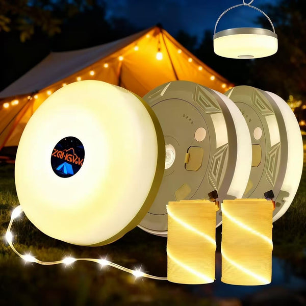 ZQHGMM 2-Pack Warm Camping String Lights, 4-in-1 Quick-Closing, 32.8-Foot Rechargeable Tent Lights, 8