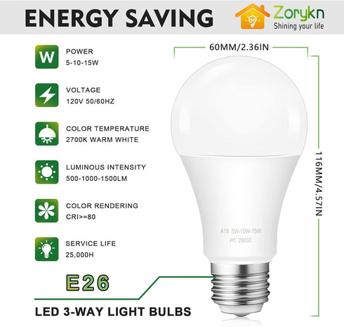 3 Way LED Light Bulbs, 40 60 100 Watt Equivalent, 2700k Warm White, Three Way A19 Dimmable Light Bulb with E26 Medium Base, Perfect for Table Lamps, Floor Lamps, 500-1000-1500LM, 2 Pack by Zorykn
