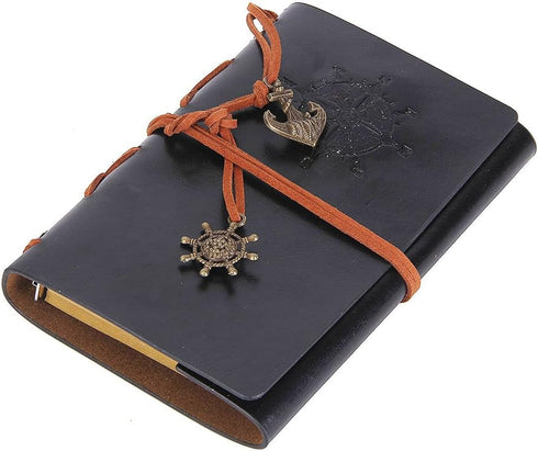 EvZ Leather Writing Journal Notebook, 5 Inches, Vintage Nautical Spiral Blank Diary, Black