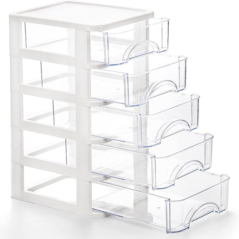 Hedume Clear Desktop Drawer, 5 Drawer Storage Unit, White Frame with Clear Drawers, Drawer Unit