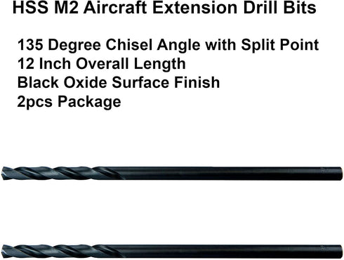 MAXTOOL 1/4"x12" 2pcs Identical Aircraft Extension Drills, HSS M2 Extra Long Deep Twist Drill Bits
