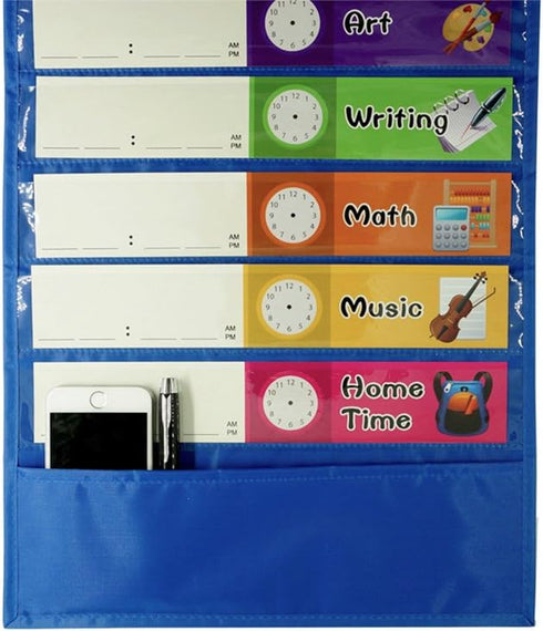 Daily Schedule Pocket Chart with 26 Cards - Class Schedule, 13+1 Pockets, Easy Over-Door Mounting