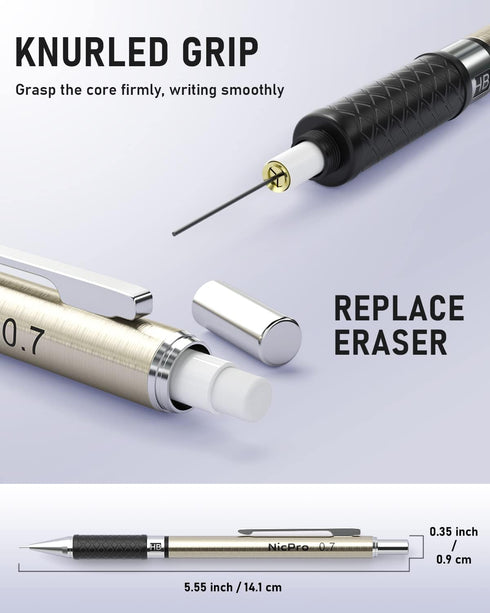 Nicpro 0.7 mm Art Mechanical Pencil Set - 3 PCS Metal Drafting Pencil with Lead Refills and Erasers for Artists