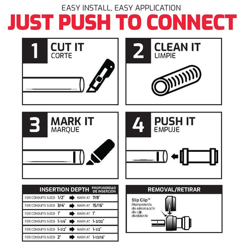 QuickFitting 1/2 inch Junction Box Connector, Push Install PVC Electrical Conduit Fitting, 10-Pack