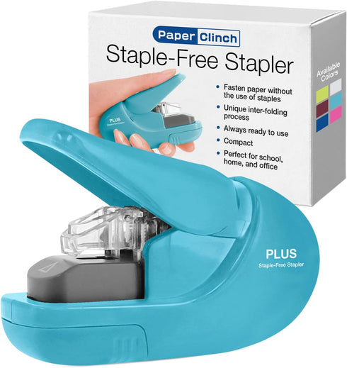 Plus Paper Clinch Compact Staple-Free Stapler in Blue Turquoise for Easy Stapling
