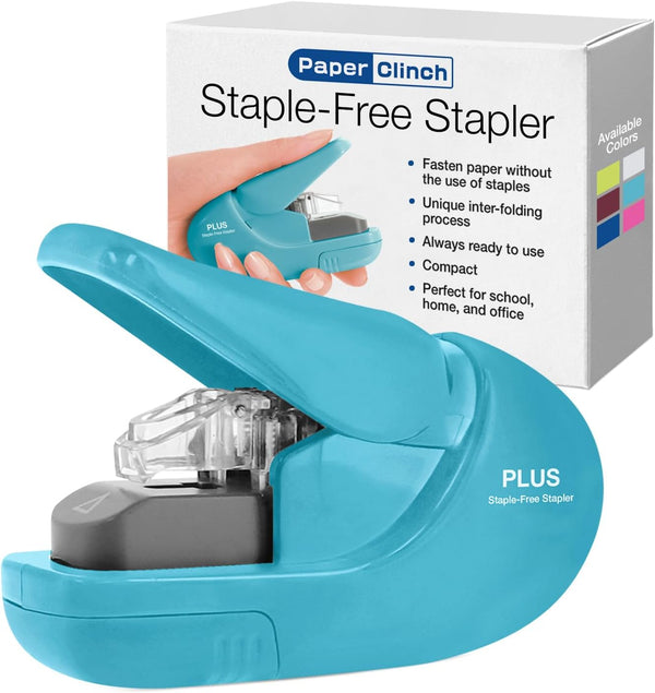 Plus Paper Clinch Compact Staple-Free Stapler in Blue Turquoise for Easy Stapling