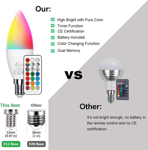 Set of 6 E12 LED Light Bulbs 5W 40W Equivalent Small Base B11 Candelabra Color Changing Dimmable Candle Bulb with