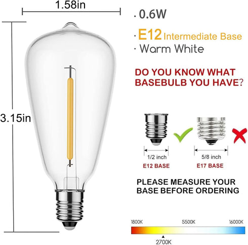 Couah 10 Pack Edison LED Light Bulbs, 0.6 watt E12 Screw Base Replacement Bulbs, LED Shatterproof Bulbs ST38 Clear Plastic Light Bulbs for Outdoor Patio ST38 String Lights, Warm White by Couah